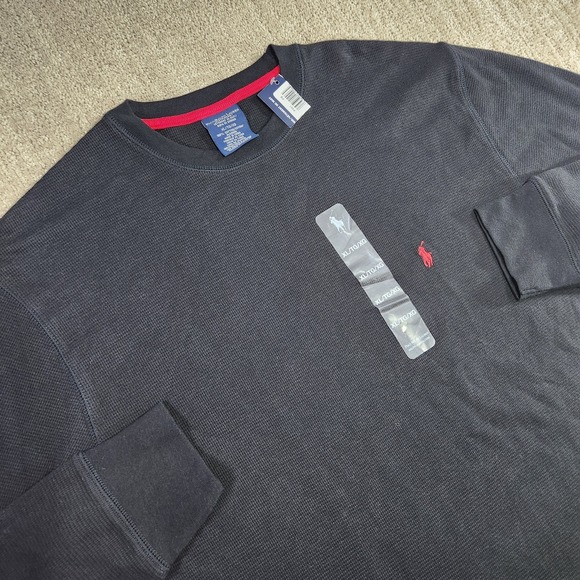 Polo Ralph Lauren Shirt Men XL Y2K Waffle Knit Thermal Black Baselayer NEW - Picture 1 of 9